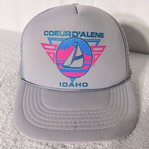 Vintage 90s Grey Coeur D’Alene Idaho Mesh Back Snap Back Trucker Hat w Sailboat
